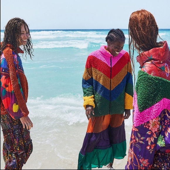 FARM Rio Jackets & Blazers - FARM Rio Mixed Macaw Faux-Shearling Reversible Puffer Jacket Rainbow Stripe Coat